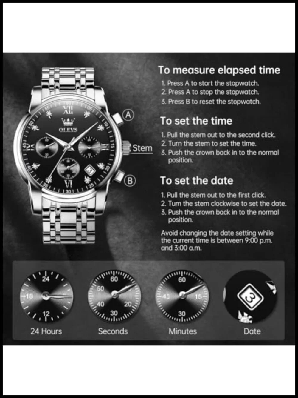 Men's Quartz Chronograph Watch Waterproof Luminous Stainless Steel